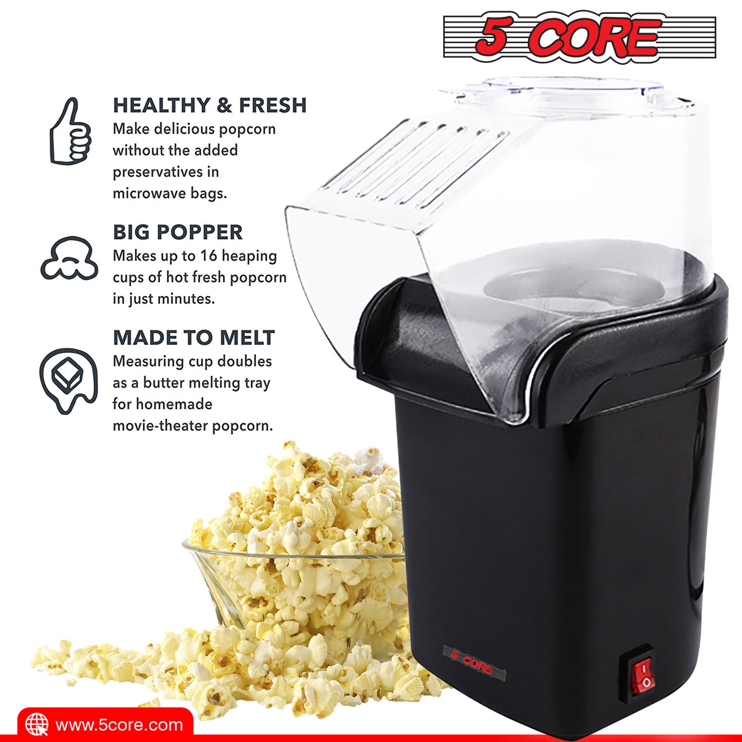 5 Core Hot Air Popcorn Popper 1200W Electric Popcorn Machine Kernel Corn Maker, Bpa Free, 16 Cups, 95% Popping Rate, 3 Minutes Fast, No Oil Healthy Snack for Kids Adults, Home, Party & Gift POP B