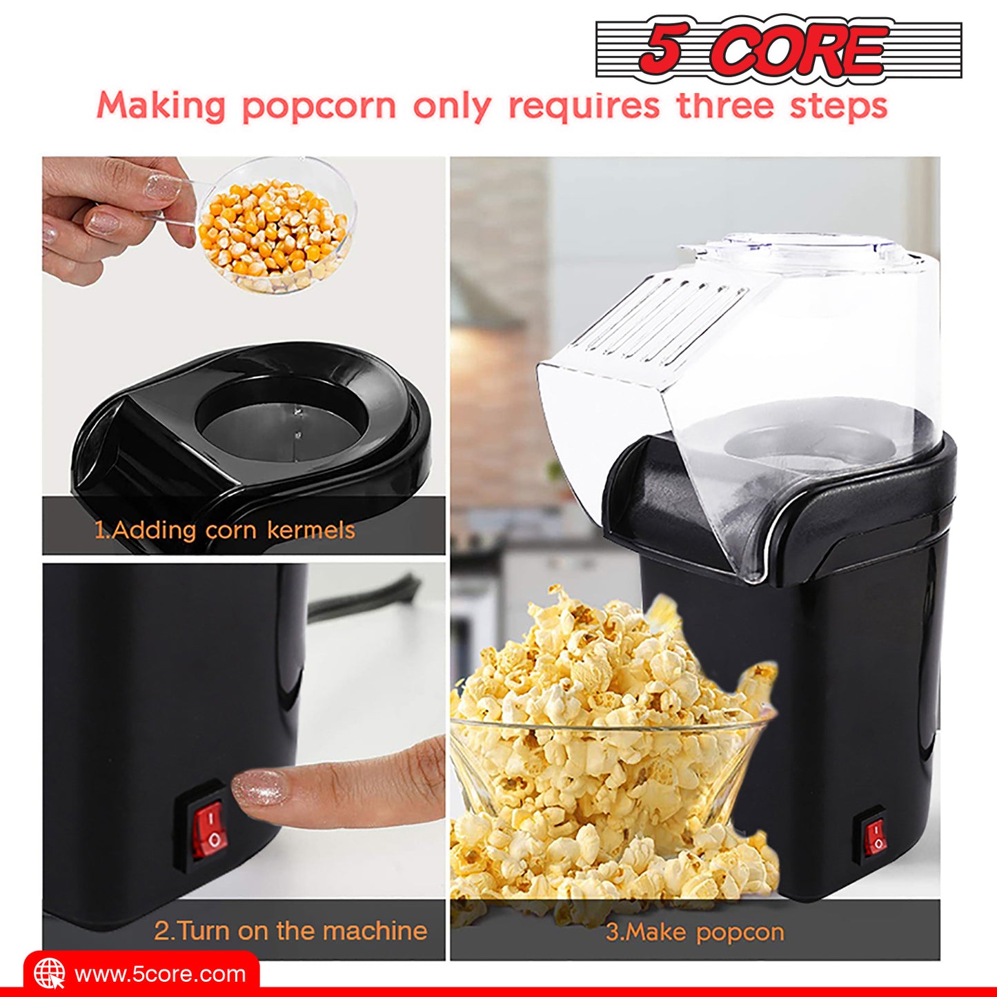 5 Core Hot Air Popcorn Popper 1200W Electric Popcorn Machine Kernel Corn Maker, Bpa Free, 16 Cups, 95% Popping Rate, 3 Minutes Fast, No Oil Healthy Snack for Kids Adults, Home, Party & Gift POP B