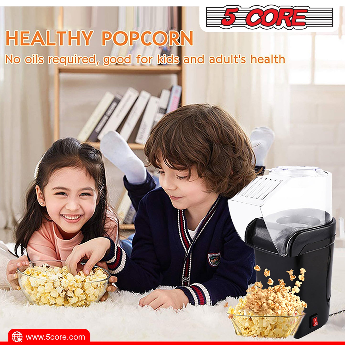 5 Core Hot Air Popcorn Popper 1200W Electric Popcorn Machine Kernel Corn Maker, Bpa Free, 16 Cups, 95% Popping Rate, 3 Minutes Fast, No Oil Healthy Snack for Kids Adults, Home, Party & Gift POP B