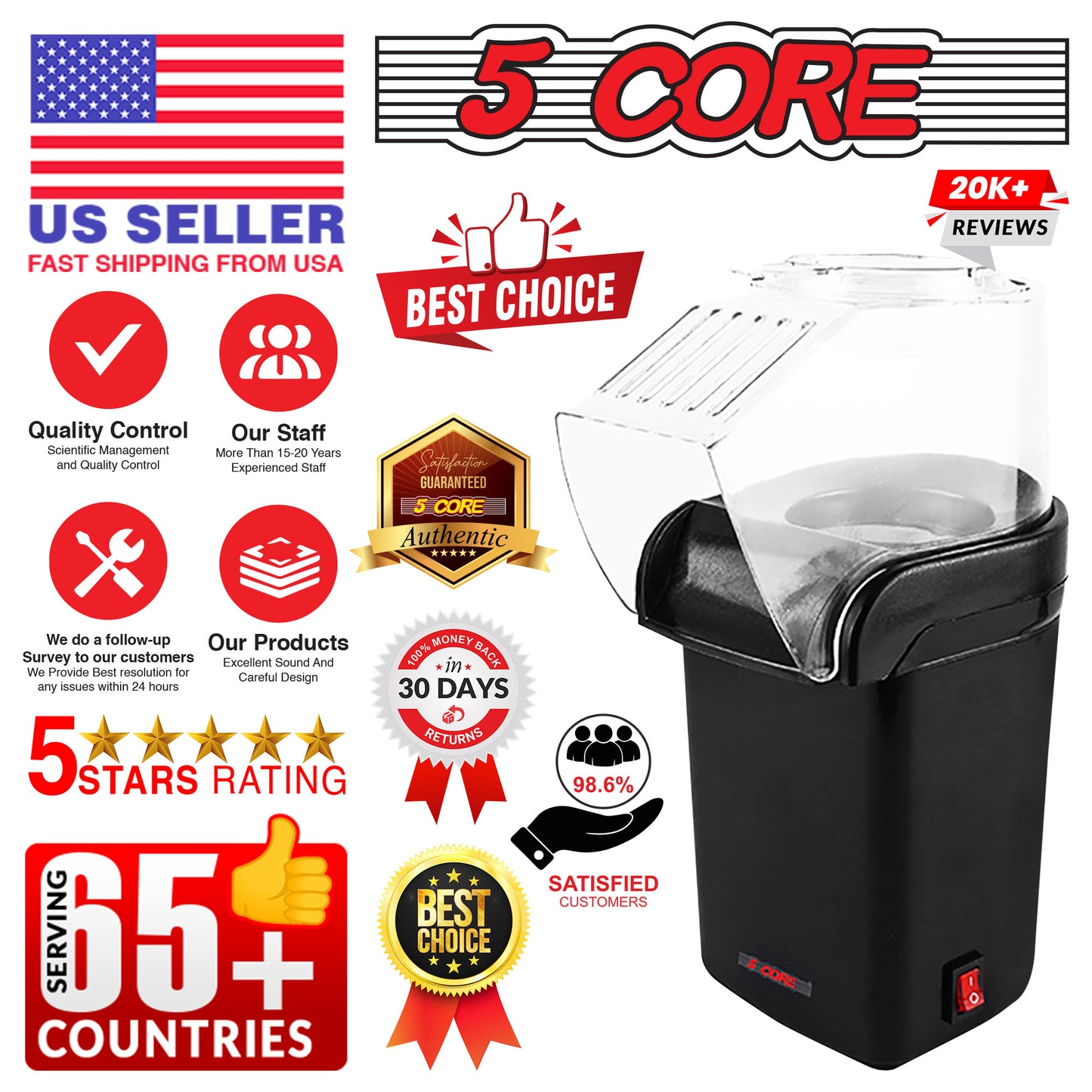 5 Core Hot Air Popcorn Popper 1200W Electric Popcorn Machine Kernel Corn Maker, Bpa Free, 16 Cups, 95% Popping Rate, 3 Minutes Fast, No Oil Healthy Snack for Kids Adults, Home, Party & Gift POP B