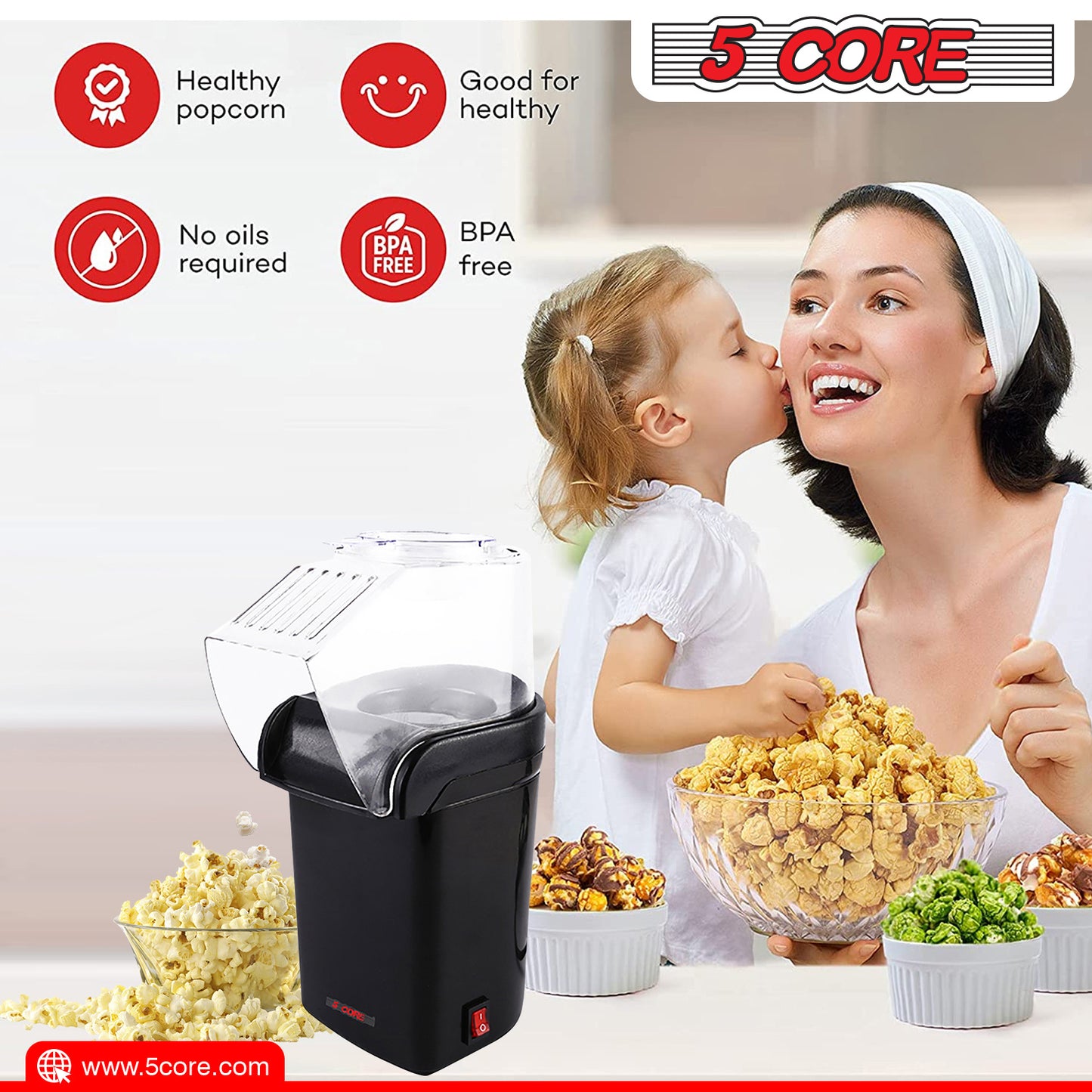 5 Core Hot Air Popcorn Popper 1200W Electric Popcorn Machine Kernel Corn Maker, Bpa Free, 16 Cups, 95% Popping Rate, 3 Minutes Fast, No Oil Healthy Snack for Kids Adults, Home, Party & Gift POP B