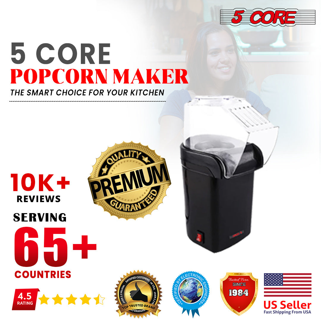 5 Core Hot Air Popcorn Popper 1200W Electric Popcorn Machine Kernel Corn Maker, Bpa Free, 16 Cups, 95% Popping Rate, 3 Minutes Fast, No Oil Healthy Snack for Kids Adults, Home, Party & Gift POP B
