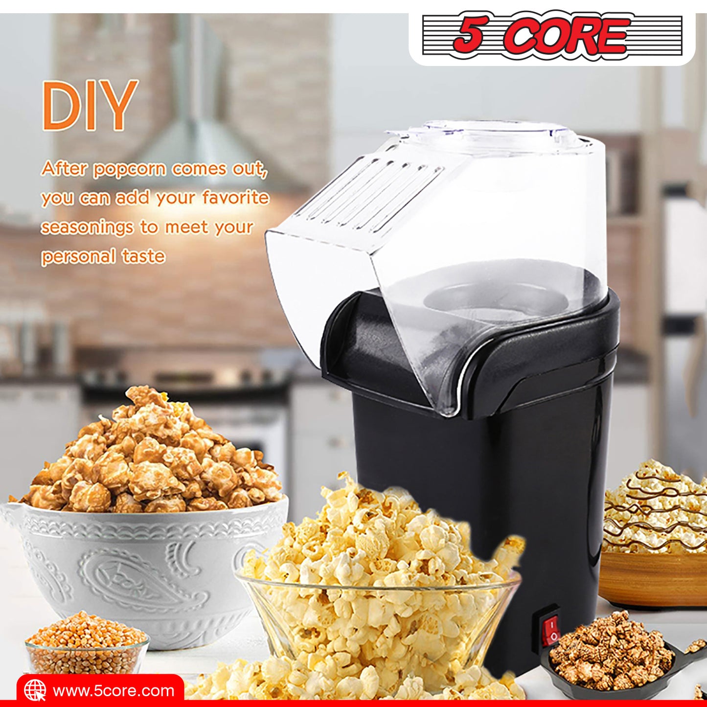 5 Core Hot Air Popcorn Popper 1200W Electric Popcorn Machine Kernel Corn Maker, Bpa Free, 16 Cups, 95% Popping Rate, 3 Minutes Fast, No Oil Healthy Snack for Kids Adults, Home, Party & Gift POP B